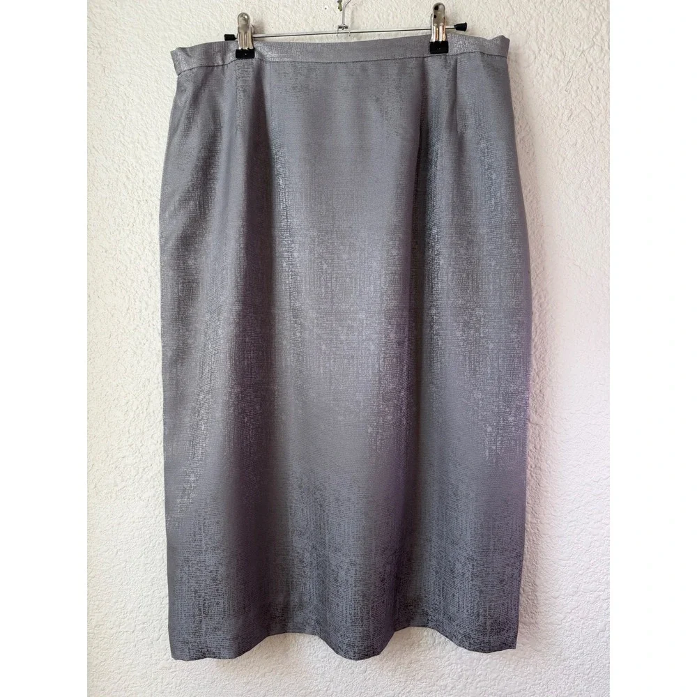 Gray 100% Silk Textured Midi Skirt Silver Shimmer Straight Pencil Plus Size 16‎